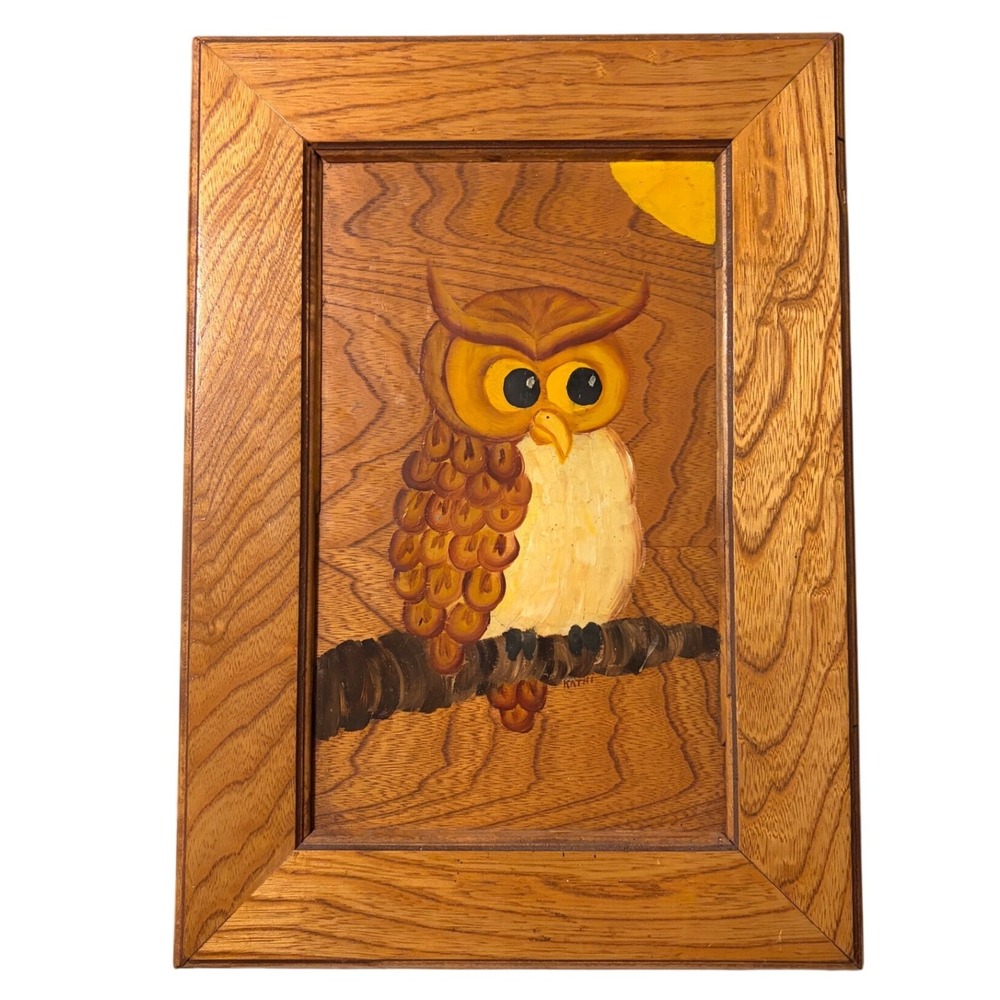 Vintage Hand Painted Owl Wood Wall Art Signed Kathi Framed Folk Art‎ 15.5x10.5